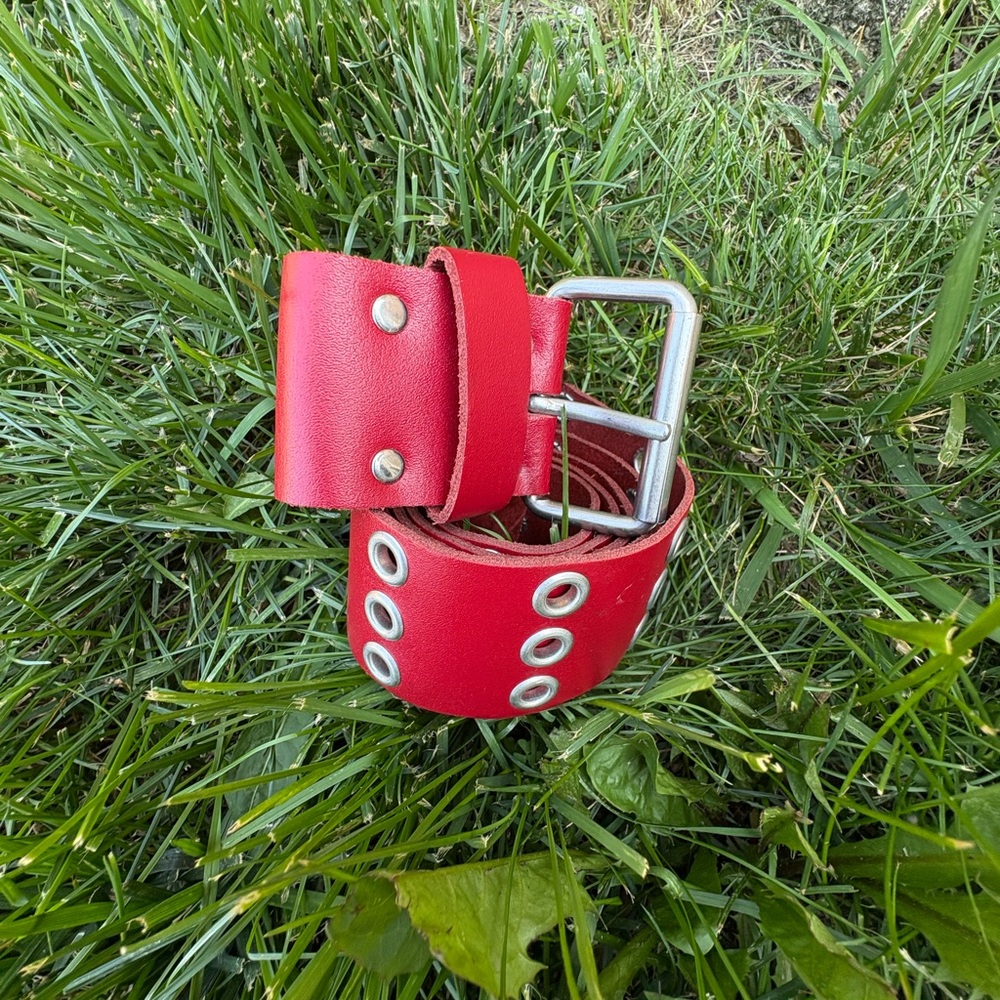 Red Leather Belt with Silver Buckle